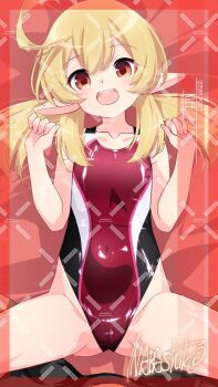 1girl adversarial_noise ahoge artist_name blonde_hair breasts character_name commentary_request competition_swimsuit cowboy_shot genshin_impact highleg highleg_one-piece_swimsuit highres inaba_shiki klee_(genshin_impact) long_hair looking_at_viewer low_twintails multicolored_swimsuit one-piece_swimsuit pointy_ears red_eyes red_one-piece_swimsuit small_breasts solo spread_legs swimsuit twintails watermark watermark_grid