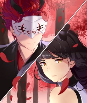 1boy 1girl absurdres adam_taurus artist_name black_hair blake_belladonna bow close-up forest highres horns leaf lips mask nature red_background red_hair rwby sunnypoppy tree wind yellow_eyes