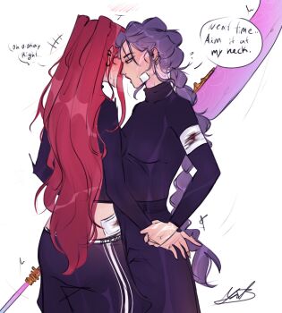 Rule 34 | +++, 2girls, bandaged arm, bandages, black pants, black shirt, blush, body markings, braid, commentary, dutch braided ponytail, english commentary, english text, gauze, gauze on hip, h1tsdifferent, highres, holding, holding another's wrist, holding polearm, holding weapon, kpop demon hunters, long hair, mira (kpop demon hunters), multiple girls, open mouth, pants, pink hair, polearm, purple hair, rumi (kpop demon hunters), shirt, single braid, very long hair, weapon, yuri, zoey (kpop demon hunters)