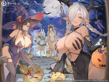 4girls alternate_costume apron ariko_(aaaaarik) azur_lane between_breasts black_gloves black_horns black_thighhighs blonde_hair blue_dress blue_eyes breasts broom brown_hair claw_bra commentary_request covered_navel dark-skinned_female dark_skin detached_sleeves dress fake_horns full_moon gloves hair_over_one_eye halloween halloween_bucket halloween_costume hat highres horns huge_breasts huge_horns inverted_cross_earrings kii_(azur_lane) large_breasts large_horns leaning_forward long_hair long_sleeves looking_at_viewer manjuu_(azur_lane) moon multiple_girls multiple_horns night official_alternate_costume official_alternate_horns official_art outdoors owari_(azur_lane) owari_(my_wish_is_for_love)_(azur_lane) pelvic_curtain pentagram pointy_ears pumpkin purple_dress second-party_source shimakaze_(azur_lane) solo strap_between_breasts suruga_(azur_lane) thighhighs torn_clothes torn_thighhighs very_long_hair waist_apron white_apron white_hair witch_hat yellow_eyes