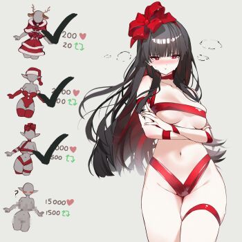 1girl absurdres black_hair blush breasts chisa_(wuthering_waves) christmas commentary crossed_arms english_commentary gift_wrapping highres long_hair medium_breasts navel red_eyes shaoviie solo tagme twitter_strip_game twitter_strip_game_parody wuthering_waves