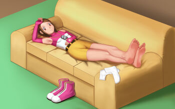 1girl absurdres barefoot brown_eyes brown_hair couch digimon feet highres leijiya looking_at_viewer lying medium_hair on_back on_couch shoes smile socks soles toes unworn_shoes unworn_socks white_socks yagami_hikari