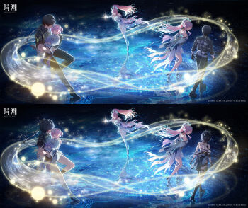 Rule 34 | 1boy, 2girls, absurdres, aemeath (wuthering waves), aged down, bare shoulders, black hair, black jacket, breasts, carrying, chinese commentary, commentary request, elbow gloves, female rover (perpetual spark) (wuthering waves), female rover (wuthering waves), gloves, hair ornament, highres, jacket, logo, long hair, male rover (perpetual spark) (wuthering waves), male rover (wuthering waves), medium breasts, multiple girls, multiple views, official art, pangu terminal (wuthering waves), pink hair, ponytail, princess carry, rover (wuthering waves), thighs, time paradox, white gloves, wuthering waves