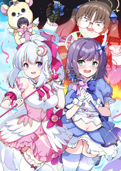 Rule 34 | 4girls, absurdres, black gloves, black hair, black leotard, blue archive, blue halo, blue shrug, breasts, brown eyes, brown hair, corset, cosplay, crescent, crescent hair ornament, detached sleeves, explosive, glasses, gloves, green eyes, green halo, grenade, grey hair, hair ornament, half gloves, halo, halter leotard, halterneck, highres, holding, holding grenade, holding staff, large breasts, leaf, leaf on head, leotard, long hair, mage staff, magical girl, mascot costume, medium breasts, midriff, miyako (blue archive), miyu (blue archive), moe (blue archive), multiple girls, navel, panties, pink corset, puffy short sleeves, puffy sleeves, purple eyes, purple hair, rabbit platoon (blue archive), reisa (blue archive), reisa (blue archive) (cosplay), reisa (magical) (blue archive), round eyewear, saki (blue archive), sarfata, shimiko (blue archive), shimiko (blue archive) (cosplay), shimiko (magical) (blue archive), short hair, short sleeves, shrug (clothing), staff, star (symbol), star hair ornament, striped clothes, striped thighhighs, suzumi (blue archive), suzumi (blue archive) (cosplay), suzumi (magical) (blue archive), thighhighs, twintails, underwear, very long hair, white gloves, white panties, white thighhighs, wing hair ornament, yellow halo