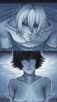 1boy 1girl ayanemuux breasts chainsaw_man completely_nude dante_(devil_may_cry) devil_may_cry devil_may_cry_(series) devil_may_cry_3 i'll_teach_you_everything_(chainsaw_man) implied_nudity in_water lady_(devil_may_cry) light_reflection_(water) nude open_hands parody partially_submerged pool scene_reference water wet wet_hair