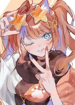 1girl ;q adjusting_eyewear ahoge animal_ear_fluff animal_ear_piercing animal_ears asymmetrical_sleeves black_choker blue_eyes blue_hair blue_nails blush braid cat_ears cat_girl choker commentary eyewear_on_head fur_collar gradient_hair hair_ornament hand_on_eyewear highres japanese_clothes kimono long_hair looking_at_viewer mismatched_sleeves multicolored_hair multicolored_kimono multicolored_nails nail_polish nekomata nekoyashiki_miku nijisanji obi odyuk1o22 one_eye_closed orange-tinted_eyewear orange_hair paw_print red_hair red_kimono red_nails rope sash shimenawa signature solo standing star-shaped_eyewear star_(symbol) streaked_hair sunglasses symbol-only_commentary tinted_eyewear tongue tongue_out twintails twintails_with_braided_base upper_body v v_over_mouth virtual_youtuber white_background white_kimono wide_sleeves