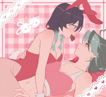 Rule 34 | 2girls, anggeese, animal ear hairband, animal ears, aqua eyes, aqua hair, black hair, bra, braid, chocolate, commentary, english commentary, fake animal ears, food in mouth, genderswap, genderswap (mtf), genshin impact, gingham background, gradient hair, hairband, highres, leotard, multicolored hair, multiple girls, navel, pantyhose, pink bra, rabbit ears, red leotard, signature, strapless, strapless leotard, twin braids, two-tone hair, underwear, valentine, venti (genshin impact), xiao (genshin impact), yellow eyes, yuri