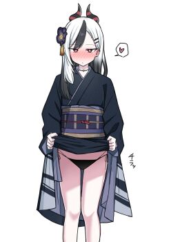 1girl absurdres black_choker black_hair black_horns black_kimono black_panties blue_archive blush bright_pupils choker clothes_lift commentary_request feet_out_of_frame flower hair_flower hair_ornament heart highres horns japanese_clothes kayoko_(blue_archive) kayoko_(new_year)_(blue_archive) kimono kimono_lift lifting_own_clothes long_hair long_sleeves looking_at_viewer multicolored_hair no_halo nose_blush nyanzai-sensei obi official_alternate_costume panties presenting red_eyes sash side-tie_panties simple_background solo speech_bubble spoken_heart standing two-tone_hair underwear white_background white_hair white_pupils