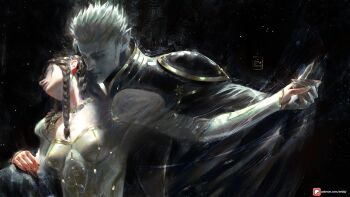 Rule 34 | 1boy, 1girl, artist name, brown hair, charlotte elbourne, closed eyes, commentary, couple, earrings, english commentary, highres, jewelry, long hair, meier link, pointy ears, sebijy, short hair, stud earrings, vampire, vampire hunter d, vampire hunter d: bloodlust, watermark, web address