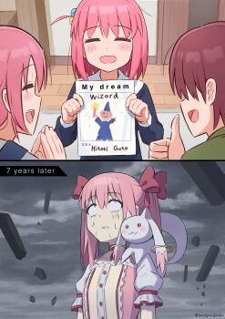 absurdres blush bocchi_the_rock! cosplay father_and_daughter gotoh_hitori gotoh_michiyo gotoh_naoki hanagami_gendai highres kaname_madoka kaname_madoka_(cosplay) kaname_madoka_(magical_girl) kyubey long_hair mahou_shoujo_madoka_magica mahou_shoujo_madoka_magica_(anime) mother_and_daughter parent_and_child pink_hair scared smile sweatdrop tagme