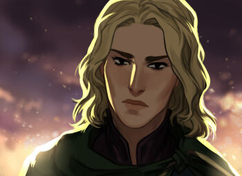 1boy aegyo_sal arrapso black_eyes blonde_hair blurry blurry_background cloak green_cloak grey_shirt head_tilt highres lake_of_voices light_particles looking_at_viewer male_focus non-web_source official_art portrait serious shirt sidelighting solo sunrise the_guide_(lake_of_voices) wavy_hair