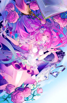 Rule 34 | 1girl, book, bow (weapon), chocopie 97, commentary, cyrene (demiurge) (honkai: star rail), cyrene (honkai: star rail), dress, dress flower, english commentary, feet out of frame, floating hair, flower, hair flower, hair ornament, hand up, highres, holding, holding bow (weapon), holding weapon, honkai: star rail, honkai (series), jewelry, long hair, looking at viewer, nail polish, open book, open mouth, pink hair, pink nails, pink petals, purple eyes, quill, ring, rose, smile, solo, thigh strap, very long hair, weapon, white dress