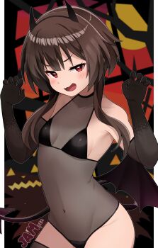 1girl bare_shoulders bikini black_bikini black_gloves blush breasts brown_hair claw_pose covered_navel demon_horns demon_tail demon_wings elbow_gloves gloves halloween_costume highres horns jampen kono_subarashii_sekai_ni_shukufuku_wo! leotard looking_at_viewer medium_hair megumin navel open_mouth red_eyes sidelocks small_breasts smile solo swimsuit tail wings