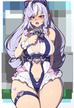 1girl abstract_background ahoge animal_print arm_behind_back bare_shoulders black_bow blush bow bowtie breasts butterfly_print clenched_hand clothing_cutout commentary_request cowboy_shot drill_hair ear_blush fangs frilled_one-piece_swimsuit frilled_wrist_cuffs frills hair_bow half-closed_eyes hand_on_own_chest heart_cutout highres ishibori_eregomos large_breasts looking_at_viewer mole mole_under_eye motion_lines navel official_alternate_costume one-piece_swimsuit open_mouth pink_bow pointy_ears purple_bow purple_bowtie purple_hair red_eyes see-through_clothes sideboob_cutout solo stomach_cutout swimsuit textless_version thigh_strap thighs two-tone_one-piece_swimsuit vivian_banshee vivian_banshee_(iris_of_the_shore) wrist_cuffs zenless_zone_zero