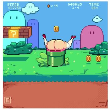 1girl 1other animated ass ass_shake goomba huge_ass inugami-ke_no_ichizoku_pose lower_body mario_(series) monster music nintendo open_clothes pixel_art pixzapix princess_peach shiny_skin sound struggling stuck super_mario_bros._1 thighhighs top-down_bottom-up upside-down video walking white_thighhighs