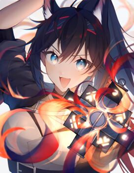 1girl :d aa_ito_sakana animal_ear_fluff animal_ears arknights arm_up black_hair black_hairband black_jacket blaze_(arknights) blaze_the_igniting_spark_(arknights) blue_eyes chromatic_aberration commentary_request fire hair_between_eyes hairband highres jacket long_hair looking_at_viewer magic open_mouth pyrokinesis shirt smile solo upper_body white_shirt