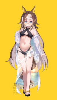 Rule 34 | 1girl, absurdres, animal ears, bikini, black bikini, black sandals, blue eyes, breasts, brown hair, cleavage, dream journey (umamusume), hair between eyes, highres, horse ears, horse girl, looking at viewer, multicolored hair, sandals, shirt, solo, swimsuit, toes, two-tone hair, umamusume, white hair, white shirt, yomean!