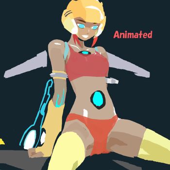 autobot blue_eyes bumblebee_(transformers) cowgirl_position dark-skinned_female dark_background dark_skin glowing glowing_eyes helmet panties red_hair robot robot_girl sari_sumdac simple_background sports_bra straddling thighhighs transformers transformers_animated underwear yellow_thighhighs