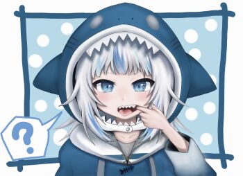1girl ? animal_hood blue_background blue_eyes blue_hair blue_hoodie border commentary_request drawstring gawr_gura gawr_gura_(1st_costume) grey_hair highres hololive hololive_english hood hood_up hoodie long_sleeves looking_at_viewer mouth_pull multicolored_hair shark_hood sharp_teeth solo spoken_question_mark streaked_hair teeth tomimon upper_body virtual_youtuber white_border