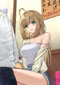 1boy 1girl :d absurdres ahoge aramachi black_pants blonde_hair camisole cardigan_partially_removed denim denim_shorts green_eyes highres idolmaster idolmaster_cinderella_girls indoors long_hair long_sleeves menu open_mouth out_of_frame pants pink_bag producer_(idolmaster) restaurant sato_shin shirt shorts sitting smile spaghetti_strap thighs white_shirt