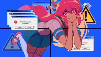 ! 1girl absurdres artist_name blue_background blue_skirt blush_stickers bow bowtie commentary english_commentary english_text error_message fourth_wall giffany glowing glowing_eyes gravity_falls hair_ribbon highres leaning_forward long_hair looking_at_viewer mary_janes microsoft_windows morse_code pink_eyes pink_hair red_bow red_shoes ribbon ribbon_cable sevenreii shirt shoes short_sleeves sidelocks sign skirt smile solo thighhighs warning_sign white_shirt white_thighhighs