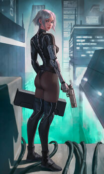 1girl absurdres ankle_boots black_boots black_leotard black_thighhighs blue_eyes boots breasts cable city cityscape commentary cyberpunk english_commentary facial_mark from_behind full_body grey_hair gun highres holding holding_gun holding_weapon knee_pads large_breasts leotard long_sleeves looking_at_viewer looking_back mechanical_arms mechanical_spine on_rooftop original outdoors pantyhose roman_antipev see-through_clothes see-through_pantyhose short_hair single_mechanical_arm slim_legs standing thighhighs thong thong_leotard weapon