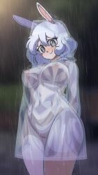 1girl acefish animated blue_eyes blush breasts coat hair_between_eyes heart heart-shaped_pupils highres large_breasts legs_together looking_at_viewer mary_(acefish) naked_coat navel nipples outdoors public_indecency public_nudity pussy rabbit_ears rabbit_girl rain raincoat see-through_clothes see-through_coat short_hair solo symbol-shaped_pupils tagme thighs video white_hair