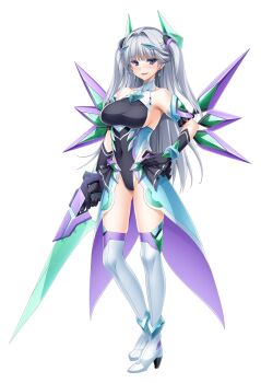 1girl bare_shoulders black_gloves black_leotard blue_eyes blush boots breasts chest_jewel covered_navel earrings elbow_gloves exs-tia_avalas full_body game_cg gloves grey_hair hair_intakes hair_ornament hand_on_own_hip headgear high_heel_boots high_heels highres holding holding_sword holding_weapon itakano_shigure jewelry kamitsurugi_ouka kouyoku_senki_exs-tia_concert large_breasts large_variant_set leotard long_hair looking_at_viewer magical_girl non-web_source official_art open_mouth skin_tight smile solo standing sword tachi-e thigh_boots thighhighs transparent_background two_side_up variant_set very_long_hair weapon white_thighhighs