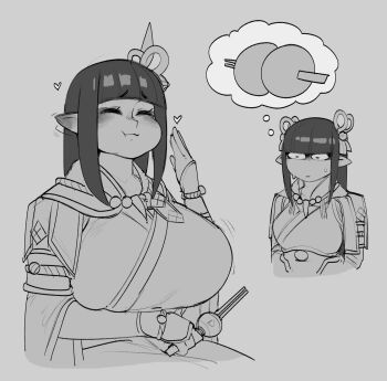 2girls blunt_bangs breasts closed_eyes dango ear_wiggle eating fewer_digits food greyscale hair_ornament heart highres hinoa holding holding_food huge_breasts imagining japanese_clothes jewelry krekkov large_breasts long_hair looking_at_breasts minoto monochrome monster_hunter_(series) monster_hunter_rise multiple_girls necklace pointy_ears siblings sidelocks sisters sketch skewer smile staring sweatdrop twins unamused upper_body wagashi