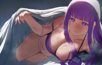 1girl bed_invitation bottomless bra breasts closed_mouth colored_pubic_hair fern_(sousou_no_frieren) hews highres large_breasts looking_at_viewer pubic_hair purple_bra purple_hair purple_pubic_hair solo sousou_no_frieren under_covers underwear