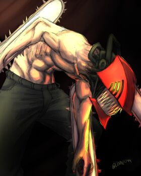 1boy abs absurdres black_pants chainsaw chainsaw_devil chainsaw_man denji_(chainsaw_man) glowing glowing_eyes highres limn044 muscular muscular_male no_shirt pants sharp_teeth teeth yellow_eyes