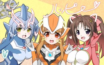 4girls aiueo8371 alien armor arms_up blue_bodysuit blue_hair blush bodysuit breastplate breasts brown_hair camearra color_timer cursive darkness_heels darkness_heels_lili doodles embarrassed from_side frown giant giantess grey_bodysuit grey_hair hair_between_eyes hair_ornament hair_ribbon hairpin heart helmet kaijin light_brown_hair lili_(darkness_heels) long_hair medium_breasts minato_asahi multiple_girls multiple_hairpins open_mouth orange_background orange_bodysuit orange_eyes personification pink_bodysuit pink_ribbon purple_eyes ribbon seijin short_hair shoulder_pads side-by-side smile supervillain teeth three-toned_background translated tsukishima_akari twintails ultra_series ultraman_r/b ultraman_sisters ultraman_tiga:_the_final_odyssey ultraman_tiga_(series) ultrawoman_grigio ultrawoman_jeanne upper_body upper_teeth_only yellow_background yellow_eyes