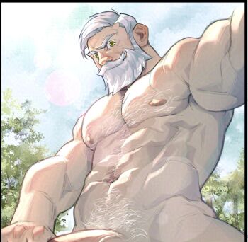 1boy abs apostlxiii bara bare_pectorals biceps blue_sky blush chest_hair closed_mouth cloud cloudy_sky commentary completely_nude drayden_(pokemon) english_commentary from_below hand_on_own_penis highres looking_at_viewer looking_down male_focus muscular muscular_male navel nintendo nipples nude paid_reward_available pectorals penis penis_peek pokemon pubic_hair sky tree