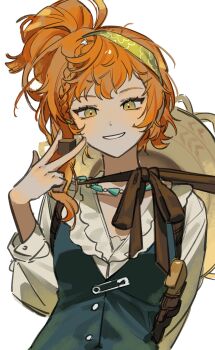 1girl between_fingers brown_hat dice green_hairband green_vest grin hairband hand_up hat hat_on_back highres holding holding_dice holster looking_at_viewer lopera_(reverse:1999) orange_eyes orange_hair reverse:1999 safety_pin shirt shoulder_holster side_ponytail smile solo straw_hat szztzzs upper_body vest white_background white_shirt