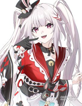 1girl absurdres adapted_costume asiri_senpai black_bow black_bowtie black_gloves black_hat blue_bow bow bowtie braid club_(shape) collarbone commentary gloves hair_between_eyes hand_up hat highres honkai:_star_rail honkai_(series) long_hair long_sleeves looking_at_viewer open_mouth pointing pointing_at_self red_eyes simple_background single_glove solo sparkle_(honkai:_star_rail) sparxie_(honkai:_star_rail) symbol_in_eye teeth twintails twitter_username upper_body upper_teeth_only very_long_hair white_background white_bow white_hair