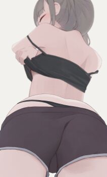 1girl ass black_bra black_panties black_shorts blurry bra closed_eyes commentary depth_of_field facing_away grey_hair highres hiroki_(yyqw7151) original panties panties_under_shorts short_hair short_shorts shorts simple_background solo underwear undressing white_background