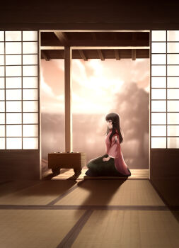 1girl absurdres asukake_project black_hair board_game commentary_request from_side go_(board_game) heaven_burns_red highres long_hair nikaidou_misato scenery shouji sliding_doors tatami