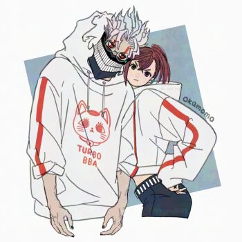 1boy 1girl ayase_momo black_nails border brown_eyes brown_hair cat character_print commentary_request cropped_legs crossed_bangs dandadan facial_mark furrowed_brow glasses grey_background hand_on_own_hip hood hoodie k_ysd001 looking_at_viewer midriff ponytail red_eyes round_eyewear ship_name short_hair sleeves_past_wrists sleeves_rolled_up takakura_ken_(dandadan) turbo_granny_(dandadan) twitter_username upper_body veins veiny_hands white_border white_hair white_hoodie