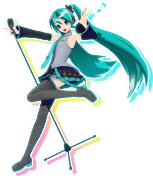 1girl 3d aqua_boots aqua_eyes aqua_hair aqua_nails aqua_necktie aqua_skirt aqua_sleeves armpits black_skirt black_sleeves black_thighhighs boots collar detached_sleeves drop_shadow eighth_note female_focus flat_chest full_body grey_shirt hair_between_eyes hatsune_miku holding holding_microphone_stand long_hair looking_at_viewer microphone microphone_stand miniskirt musical_note necktie official_art open_mouth outstretched_arm petite pleated_skirt project_diva_(series) project_diva_mega39&#039;s shirt simple_background skirt sleeveless sleeveless_shirt solo standing standing_on_one_leg thighhighs thighs transparent_background twintails very_long_hair vocaloid waving wide_sleeves zettai_ryouiki