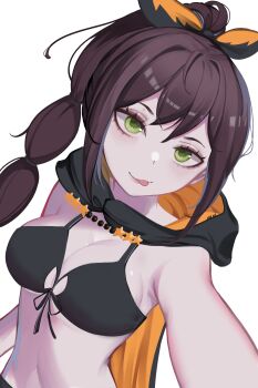 1girl absurdres akihitoevon aoui black_bra bra brown_hair cloak commentary english_commentary green_eyes hair_ribbon highres lips looking_at_viewer re:zero_kara_hajimeru_isekai_seikatsu ribbon shaula_(re:zero) solo tongue tongue_out underwear white_background