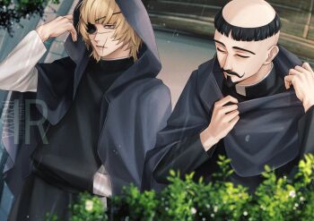 Rule 34 | 2boys, artist logo, badeni, black hair, black tabard, blonde hair, chi.: chikyuu no undou ni tsuite, clerical collar, closed eyes, closed mouth, eyepatch, facial hair, goatee, grabowski, highres, hood, hood up, iorbtyn, logo, male focus, multiple boys, mustache, scar, scar on face, scar on lip, scar on mouth, scar on nose, tabard, tonsure