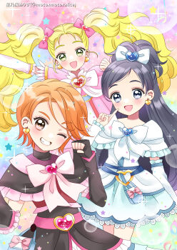 3girls absurdres bag_bow belt belt_bag belt_buckle black_arm_warmers black_dress black_gloves blonde_hair blue_bag blue_belt bow bowtie brooch brown_eyes bubble buckle clenched_hand colorful_background cowboy_shot cure_black cure_white dot_nose dress earrings eyelashes feather-trimmed_sleeves finger_to_cheek fingerless_gloves forehead frilled_arm_warmers frilled_dress frilled_sleeves frills futari_wa_precure futari_wa_precure_max_heart gloves gold_earrings grin hair_bow hair_ornament happy heart heart-shaped_buckle heart_brooch heart_earrings heart_hair_ornament high_ponytail highres hoshinokuzu_alice jewelry kujou_hikari lace lace-trimmed_dress lace_trim leg_up leg_warmers light_blush light_particles lips long_hair magical_girl misumi_nagisa multiple_girls one_eye_closed orange_hair outstretched_arm pink_arm_warmers pink_belt pink_bow pink_bowtie pink_dress pink_lips ponytail precure purple_eyes purple_hair shiny_luminous short_dress short_hair short_ponytail short_sleeves smile sparkle split_ponytail star_(symbol) swept_bangs turtleneck turtleneck_dress twintails twitter_username very_long_hair white_arm_warmers white_bow white_bowtie white_dress white_leg_warmers yellow_eyes yukishiro_honoka