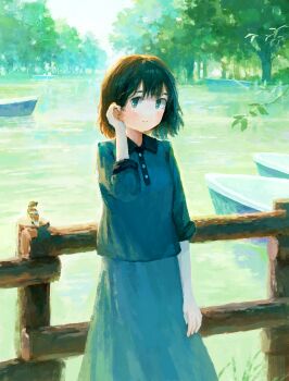 1girl animal backlighting bird blue_collar blue_shirt blue_skirt blush brown_hair buttons canoe closed_mouth collar cowboy_shot eurasian_tree_sparrow fjsmu forest green_eyes hand_on_own_ear highres lake long_sleeves nature original outdoors park railing shirt short_hair skirt smile solo sparrow standing swept_bangs wooden_railing