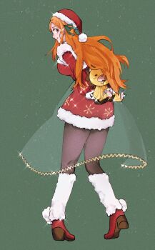 black_pantyhose bleach breasts brown_eyes christmas commentary_request dress full_body fur-trimmed_dress fur_trim green_background green_ribbon hair_ribbon hat highres inoue_orihime kon_(bleach) large_breasts leg_warmers long_hair orange_hair pantyhose red_dress red_shoes ribbon santa_costume santa_dress santa_hat see-through_clothes see-through_skirt shoes skirt sparkle standing stuffed_animal stuffed_lion stuffed_toy white_leg_warmers zn_66
