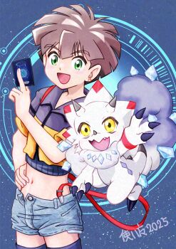 Rule 34 | 1boy, amanokawa hiro, black jacket, blue background, blue shorts, brown hair, card, cosplay, cowboy shot, cropped jacket, digimon, digimon alysion, digimon card game, digimon ghost game, gammamon, gemmon, gemmon (cosplay), green eyes, highres, holding, holding card, hondo kanata, hondo kanata (cosplay), jacket, midriff, missing commentary, navel, orange jacket, short hair, short shorts, shorts, simple background, trading card, triceratops, tsukaima (vfcou)