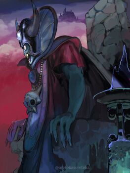 Rule 34 | 1boy, aqua skin, aretokasoretoka, brazier, cloud, colored skin, commentary request, dragon quest, dragon quest iii, fake horns, fingernails, gradient sky, helmet, highres, horned helmet, horns, jewelry, looking ahead, male focus, necklace, open mouth, profile, robe, sharp fingernails, sharp teeth, short sleeves, skull necklace, sky, solo, standing, teeth, third eye, throne, twitter username, yellow eyes, zoma