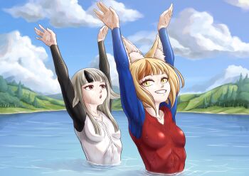 2girls absurdres alternate_costume anander0 animal_ears arms_up blonde_hair breasts commentary commission dancing duet english_commentary fire_emblem fire_emblem_fates grey_hair highres lake long_sleeve_swimsuit multicolored_hair multicolored_swimsuit multiple_girls nintendo one-piece_swimsuit outdoors partially_submerged red_eyes red_one-piece_swimsuit selkie_(fire_emblem) small_breasts smile streaked_hair swimming swimsuit synchronized_swimming velouria_(fire_emblem) water wet white_one-piece_swimsuit yellow_eyes