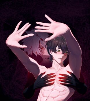 2boys abs absurdres arms_up black_background black_hair black_hands blush claws colored_extremities commentary empty_eyes english_commentary grey_hair hair_between_eyes half-closed_eyes hand_shadow_covering_breasts_(meme) hands_up highres looking_afar looking_at_another male_focus male_rover_(wuthering_waves) meme multicolored_hair multiple_boys muscular muscular_male navel nipples nude nyleonst pectorals purple_background red_eyes red_hair rover_(wuthering_waves) scar scar_(wuthering_waves) scar_across_eye scar_on_face shadow short_hair teeth two-tone_background two-tone_hair upper_body wuthering_waves yaoi yellow_eyes