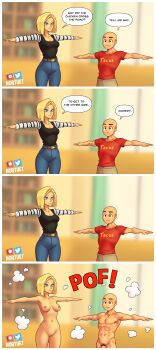 1boy 1girl absurdres android_18 blonde_hair blue_eyes breasts cleavage cleft_of_venus comic dragon_ball dragonball_z english_text highres kuririn large_breasts medium_breasts meme muscular muscular_male nipples nortuet penis pubic_hair suddenly_naked t-pose veins veiny_penis wide_hips