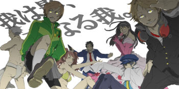 Rule 34 | 3boys, 4girls, adachi tooru, amagi yukiko, androgynous, ass, atlus, bare legs, bare shoulders, bike shorts, bikini, black hair, blue hair, breasts, brown hair, newsboy cap, crossdressing, dark persona, dress, formal clothes, fundoshi, grey hair, grin, gun, hanamura yousuke, handgun, hat, headphones, headphones around neck, jacket, japanese clothes, kneehighs, kujikawa rise, lab coat, legs, long hair, long twintails, looking at viewer, medium breasts, microphone, multiple boys, multiple girls, muscular, navel, necktie, outstretched arms, pants, persona, persona 4, princess, reverse trap, revolver, satonaka chie, scar, school uniform, serious, shadow (persona), shadow chie, shadow kanji, shadow naoto, shadow rise, shadow yousuke, shadow yukiko, shirogane naoto, shoes, short hair, sitting, skirt, smile, socks, spiked hair, spoilers, standing, straight hair, suit, swimsuit, tatsumi kanji, tomboy, topless male, track jacket, translation request, trauma8, tsuneko (trauma), twintails, v-neck, vneck, weapon, yellow eyes